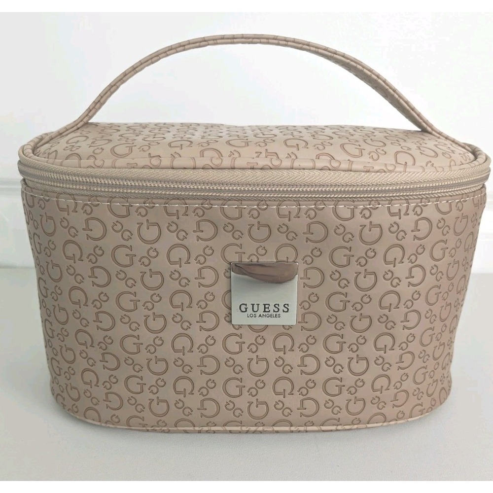 GUESS Womens Cosmetic Train Case OS Beige Monogram Travel Bag C608 Y2K